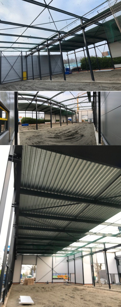 Dag 5 Bucon Borne plaatst de dakplaten op de nieuwe bedrijfshal VST in Hengelo overzicht